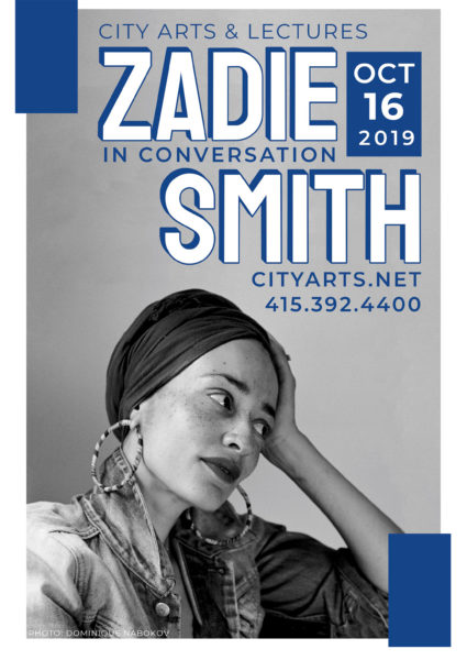 City Arts & Lectures Zadie Smith in conversation October 16, 2019. Cityarts.net 415-392-4400. A black and white photo of a black woman with a scarf wrapped around her head. She is leaning her head on her hand and she is at the bottom of the image, staring off with a slight smile. Blue rectangles decorate the edges of the frame.
