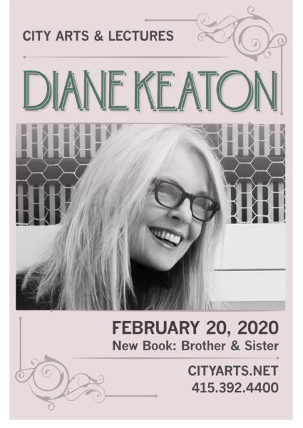 City Arts & Lectures presents Diane Keaton February 20 2020 - New Book: Brother & Sister - a black and white photograph of a grey-blond woman wearing thick-rimmed glasses laughing and looking away from camera